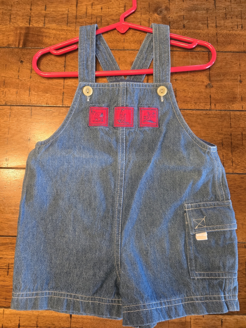 Denim Blue Kids Overall Shorts with Pink Patch Details